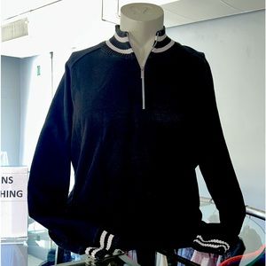 ZEGNA sz L black Italian 100% cotton, baseball stripe varsity sweater 1/4 zip